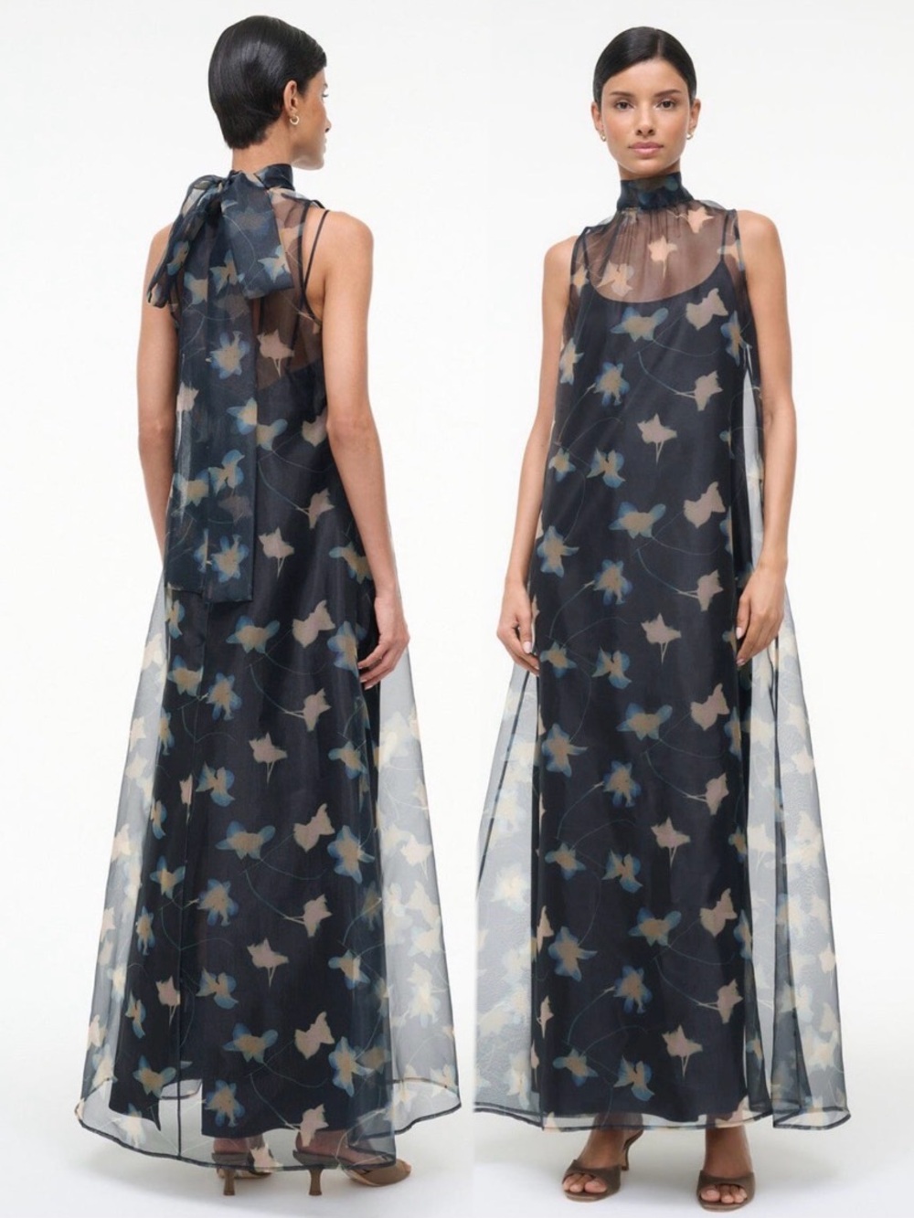 STAUD Black Sheer Floral Maxi Dress